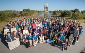 The attendees of the EFT-1 NASA Social in front of Launch Complex 37 at Cape Canaveral AFS (NASA)